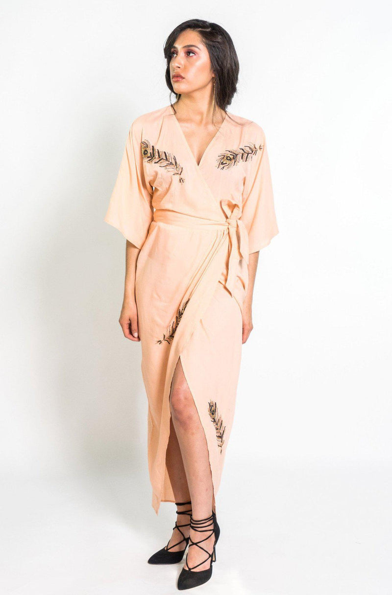 Beaded Peacock Feather Maxi Wrap in Blush – SymbologyClothing